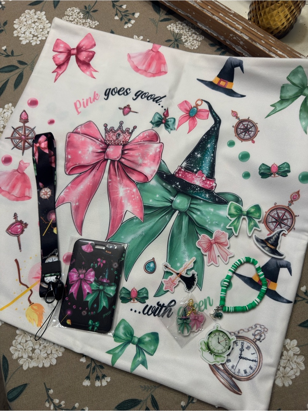 Wicked accessories set. Includes pillow cover, badge lanyard/holder, pins, etc